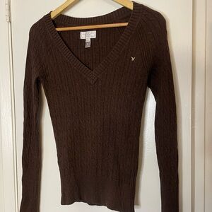 Vintage American Eagle Outfitters Brown V-Neck Sweater Cable Knit Preppy Medium